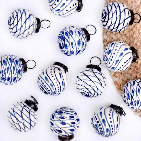 12 Pieces Blue and White Ceramic Balls Christmas Ornaments